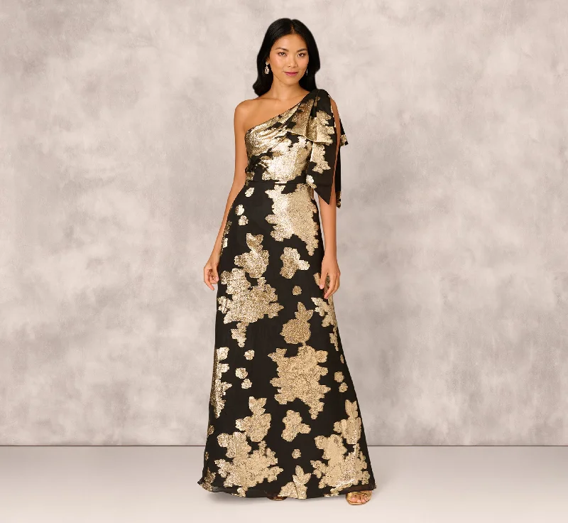 Polyester maxi dresses for easy - care and durabilityOne Shoulder Jacquard Gown In Black Gold Polyester maxi dresses for easy - care and durabilityOne Shoulder Jacquard Gown In Black Gold