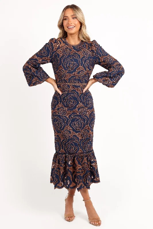 Maxi dresses with a pleated skirt for a timeless and elegant appearancePierre Long Sleeve Lace Maxi Dress - Navy Maxi dresses with a pleated skirt for a timeless and elegant appearancePierre Long Sleeve Lace Maxi Dress - Navy