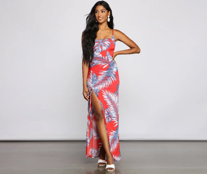 Maxi dresses with a button - down front for a classic lookPretty Palm Ruched Maxi Dress Maxi dresses with a button - down front for a classic lookPretty Palm Ruched Maxi Dress