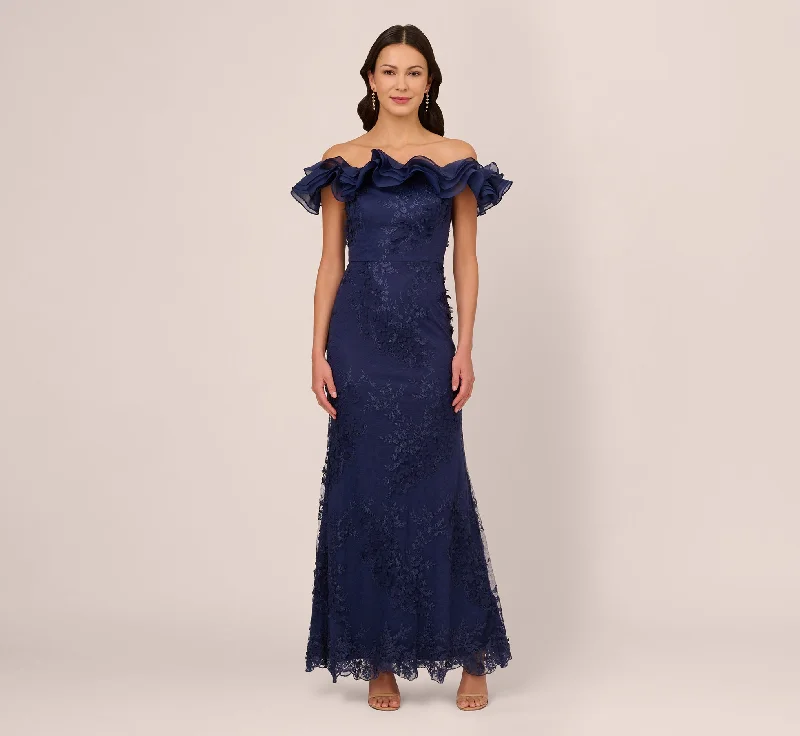 Maxi dresses with geometric prints for a contemporary aestheticRuffle Off The Shoulder Floral Lace Gown In Light Navy Maxi dresses with geometric prints for a contemporary aestheticRuffle Off The Shoulder Floral Lace Gown In Light Navy