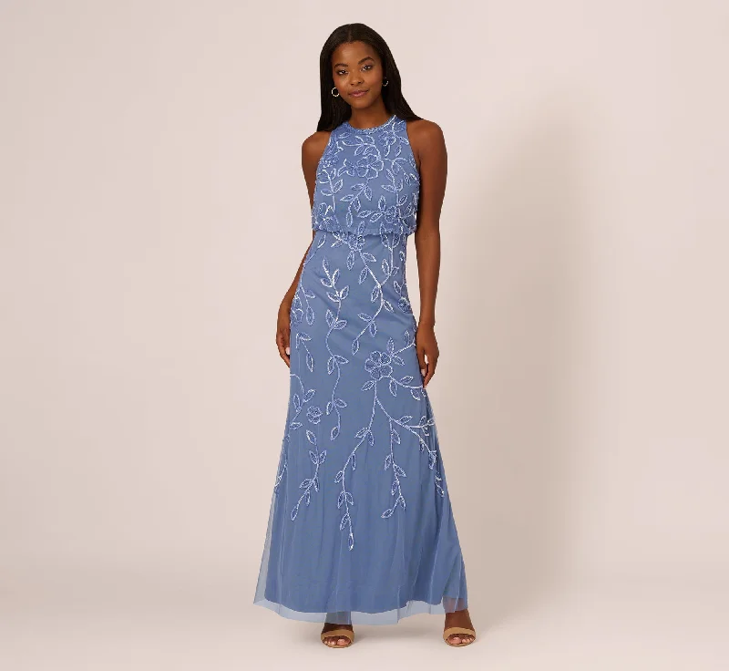 Maxi dresses with a belted empire waist for a more defined and flattering silhouetteSleeveless Blouson Mermaid Gown With Jasmine Beading In French Blue Maxi dresses with a belted empire waist for a more defined and flattering silhouetteSleeveless Blouson Mermaid Gown With Jasmine Beading In French Blue