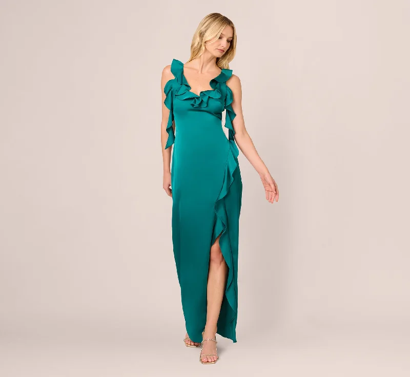 Maxi dresses with a paisley print for a classic and elegant styleStretch Satin Ruffle Long Dress In Deep Emerald Maxi dresses with a paisley print for a classic and elegant styleStretch Satin Ruffle Long Dress In Deep Emerald