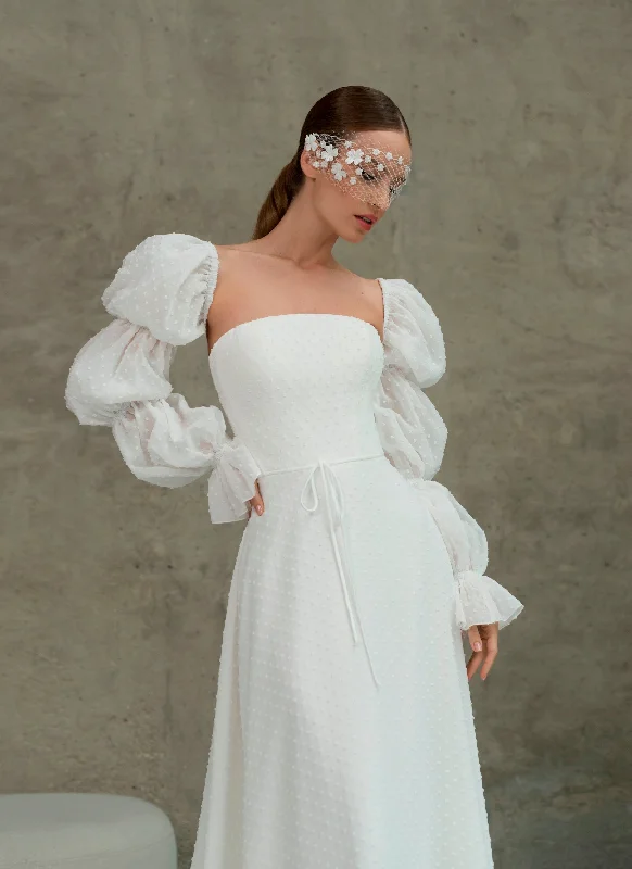Wedding guest dresses with pom - pom trims for a playful lookA-Line Wedding Dress with Removable Sleeves Wedding guest dresses with pom - pom trims for a playful lookA-Line Wedding Dress with Removable Sleeves