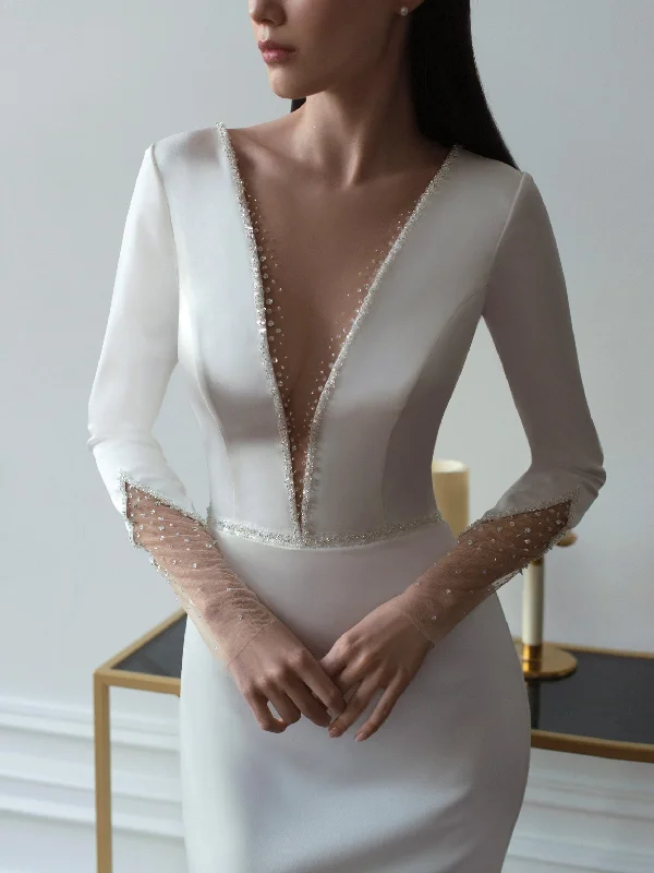One - shoulder wedding guest dresses with beaded detailsElegant Long Sleeve V-Neck Mermaid Wedding Dress One - shoulder wedding guest dresses with beaded detailsElegant Long Sleeve V-Neck Mermaid Wedding Dress