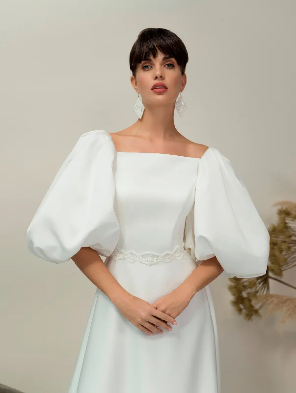 Ruffled - sleeve wedding guest dresses in light blue for a spring weddingElegant Minimalist A-Line Wedding Gown with Puffy Sleeves Ruffled - sleeve wedding guest dresses in light blue for a spring weddingElegant Minimalist A-Line Wedding Gown with Puffy Sleeves