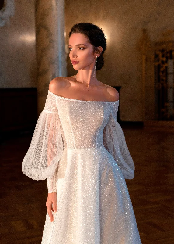 Wedding guest dresses with button - down fronts and A - line silhouettesGlitter Wedding Gown With Puffy Sleeves Wedding guest dresses with button - down fronts and A - line silhouettesGlitter Wedding Gown With Puffy Sleeves