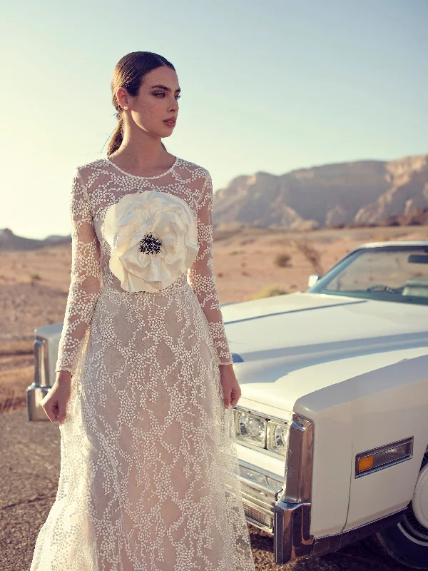 One - shoulder wedding guest dresses with beaded detailsHigh-Neck Long Sleeve Wedding Dress with 3D Flower