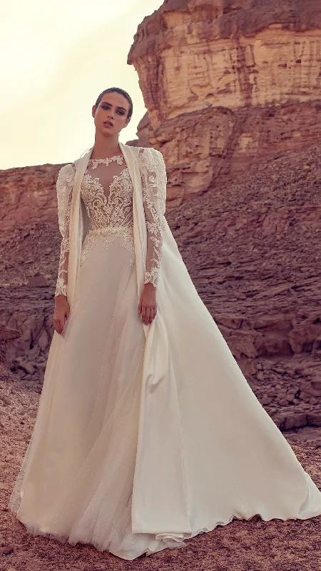 Wedding guest dresses with abstract prints and long trainsLong Lace Sleeves A-Line Wedding Dress with Long Cape Wedding guest dresses with abstract prints and long trainsLong Lace Sleeves A-Line Wedding Dress with Long Cape