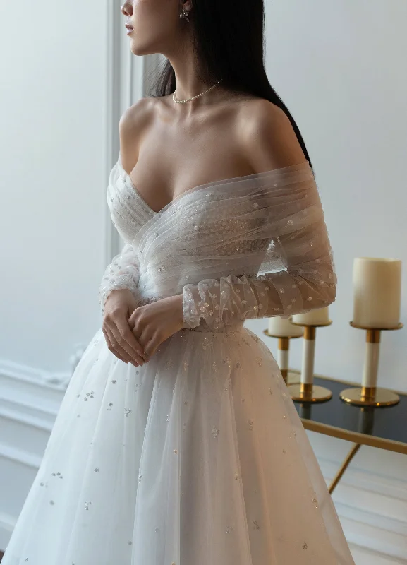 Wrap - style wedding guest dresses with bow accentsOff-Shoulder A-Line Glitter Wedding Gown Wrap - style wedding guest dresses with bow accentsOff-Shoulder A-Line Glitter Wedding Gown