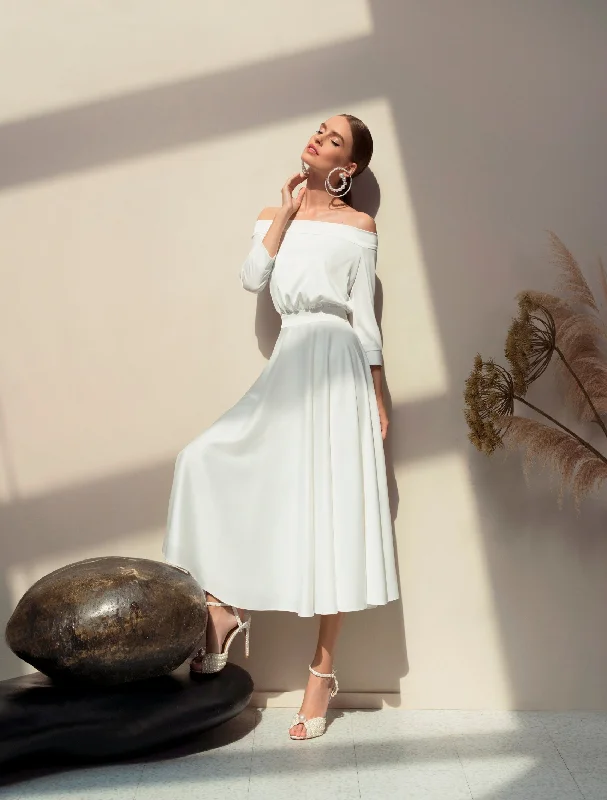Mini wedding guest dresses with glittery accents for a trendy lookSilk Off-Shoulder White Midi Bridal Dress Mini wedding guest dresses with glittery accents for a trendy lookSilk Off-Shoulder White Midi Bridal Dress