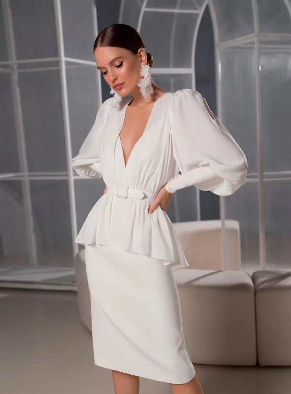 Ribbed - texture wedding guest dresses in neutral colorsSpaghetti Strap Tea Length Bridal Dress with Jacket Ribbed - texture wedding guest dresses in neutral colorsSpaghetti Strap Tea Length Bridal Dress with Jacket