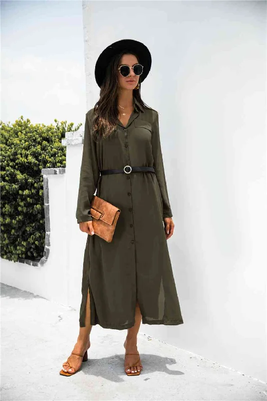 Long - Sleeve Women Dress in Velvet for a Luxurious Winter LookButton Down Side Slit Shirt Dress Long - Sleeve Women Dress in Velvet for a Luxurious Winter LookButton Down Side Slit Shirt Dress