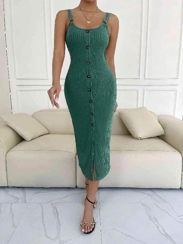 Halter Neck Women Dress to Show Off the Shoulders and NecklineDecorative Button Slit Scoop Neck Sleeveless Dress Halter Neck Women Dress to Show Off the Shoulders and NecklineDecorative Button Slit Scoop Neck Sleeveless Dress