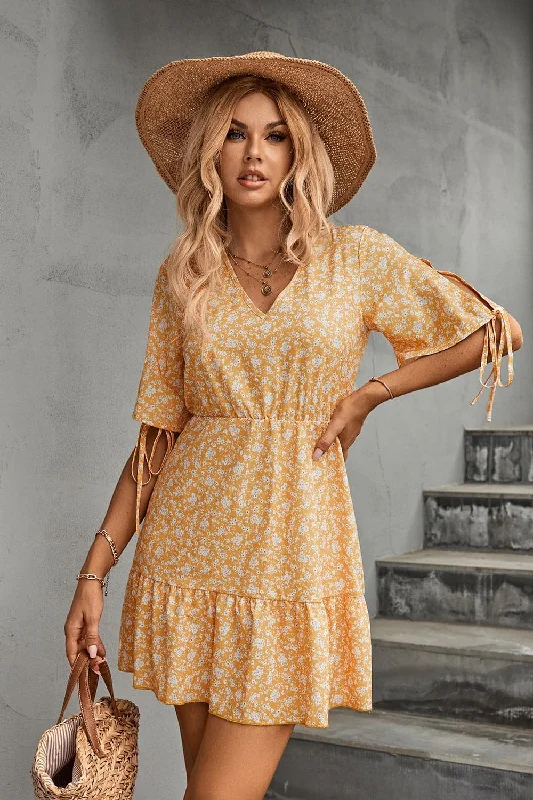 Maxi Women Dress with Floral Print for a Bohemian VibeFloral V-neck mini dress with sheer ties Maxi Women Dress with Floral Print for a Bohemian VibeFloral V-neck mini dress with sheer ties