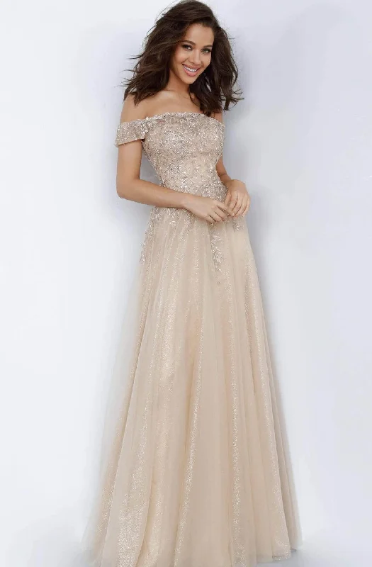 A - line formal dresses with beaded lace appliques for formal eventsJVN by Jovani - JVN2004 Lace Appliqued Off-Shoulder Dress A - line formal dresses with beaded lace appliques for formal eventsJVN by Jovani - JVN2004 Lace Appliqued Off-Shoulder Dress