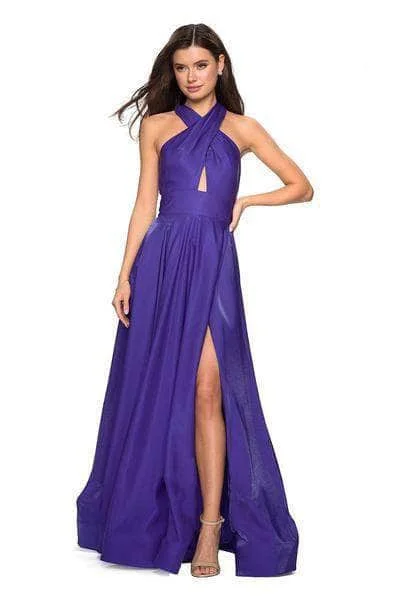 Prom dresses with one - shoulder ruffled straps and geometric patterns for a contemporary and eye - catching formal eventLa Femme - 27151 Sleeveless Crisscross Halter Long Gown Prom dresses with one - shoulder ruffled straps and geometric patterns for a contemporary and eye - catching formal eventLa Femme - 27151 Sleeveless Crisscross Halter Long Gown