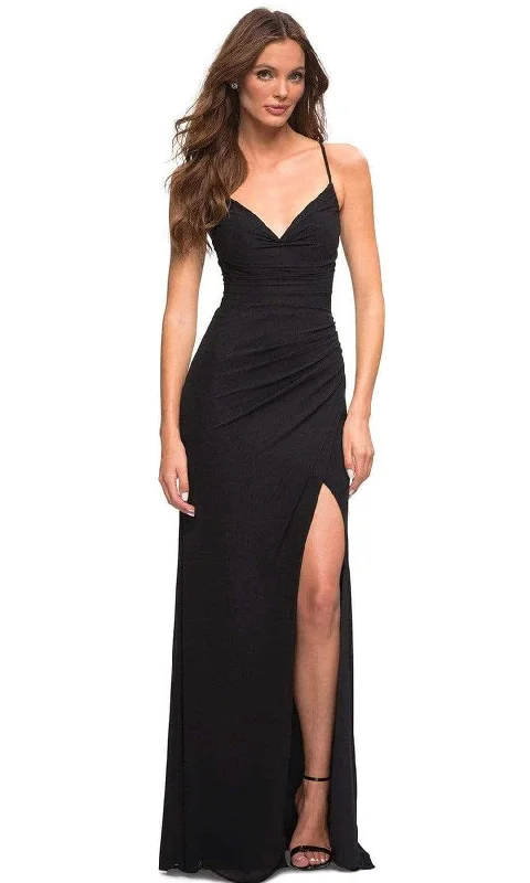 Prom dresses with lace - trimmed hems and off - the - shoulder necklines for a delicate lookLa Femme - 30418 Spaghetti Strap Ruched Gown Prom dresses with lace - trimmed hems and off - the - shoulder necklines for a delicate lookLa Femme - 30418 Spaghetti Strap Ruched Gown