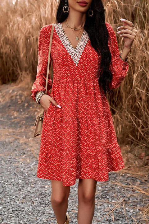 Shift Women Dress with a Simple and Classic Design for Everyday WearLace Trim V-Neck Long Sleeve Dress Shift Women Dress with a Simple and Classic Design for Everyday WearLace Trim V-Neck Long Sleeve Dress