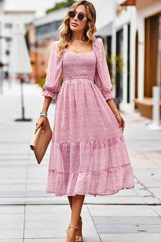 Ruffled Women Dress with Multiple Layers for a Playful and Girly StyleLeopard Square Neck Flounce Sleeve Midi Dress Ruffled Women Dress with Multiple Layers for a Playful and Girly StyleLeopard Square Neck Flounce Sleeve Midi Dress