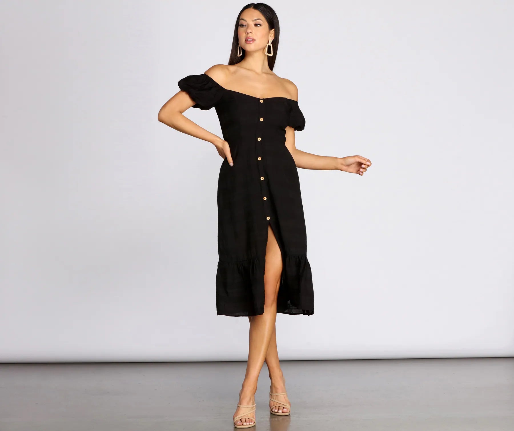 Sheath Women Dress with a Tailored Fit for a Professional LookOff The Shoulder Button Front Midi Dress Sheath Women Dress with a Tailored Fit for a Professional LookOff The Shoulder Button Front Midi Dress