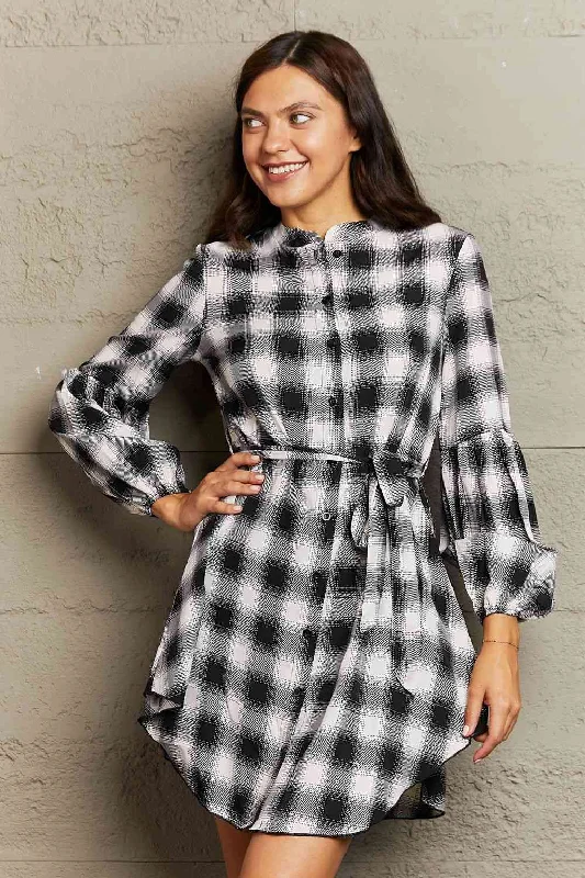 Off - the - Shoulder Women Dress for a Romantic and Feminine LookPlaid Tie Waist Lantern Sleeve Mini Dress Off - the - Shoulder Women Dress for a Romantic and Feminine LookPlaid Tie Waist Lantern Sleeve Mini Dress
