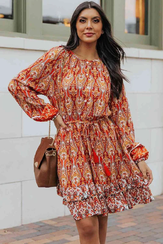 Mermaid - Style Women Dress with a Fitted Silhouette for Special OccasionsPrinted Balloon Sleeve Tassel Tie Dress Mermaid - Style Women Dress with a Fitted Silhouette for Special OccasionsPrinted Balloon Sleeve Tassel Tie Dress
