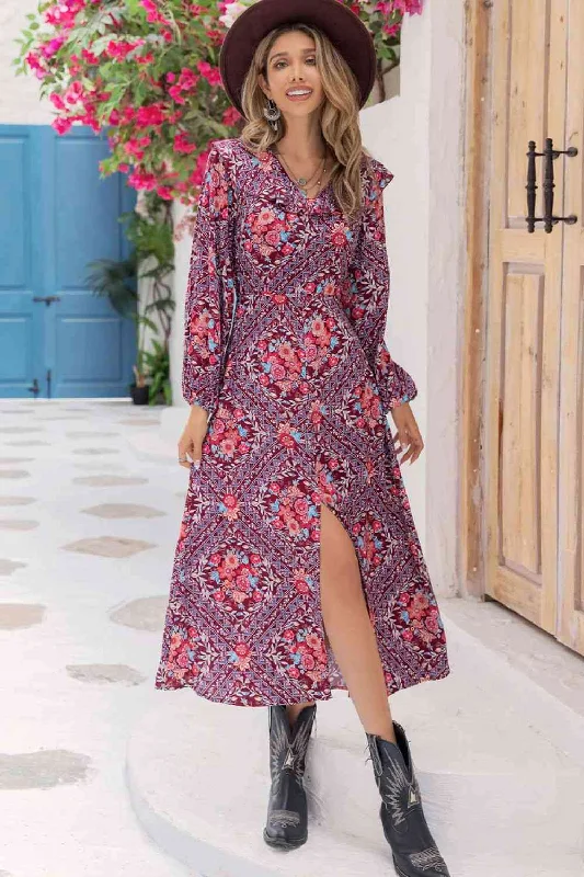 Lace - Embellished Women Dress for an Elegant and Sophisticated AppearancePrinted Long Sleeve Slit Midi Dress Lace - Embellished Women Dress for an Elegant and Sophisticated AppearancePrinted Long Sleeve Slit Midi Dress