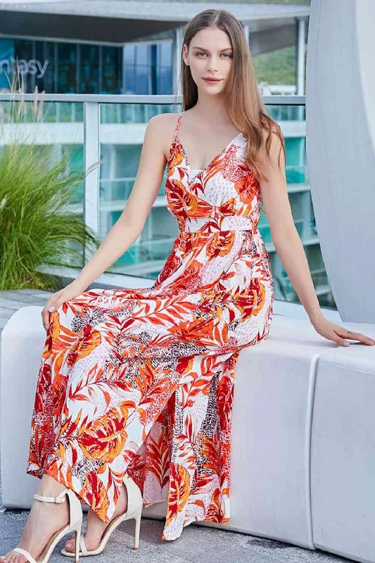 Strapless Women Dress with a Built - in Bra for Comfort and SupportPrinted V-Neck Spaghetti Straps Slit Midi Dress Strapless Women Dress with a Built - in Bra for Comfort and SupportPrinted V-Neck Spaghetti Straps Slit Midi Dress