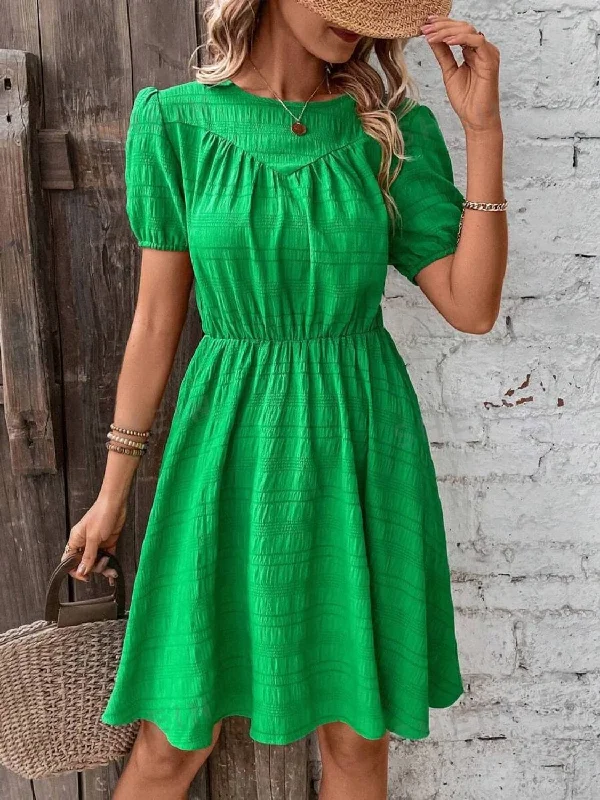 Ball Gown Women Dress with a Full Skirt for a Princess - like LookRuched sheer mini dress - short sleeves Ball Gown Women Dress with a Full Skirt for a Princess - like LookRuched sheer mini dress - short sleeves