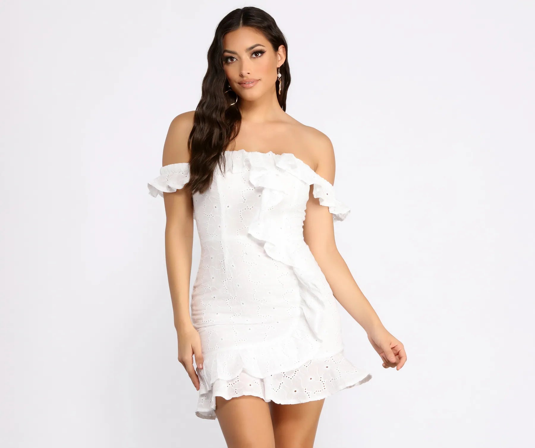 Empire Waist Women Dress to Accentuate the Bust and Conceal the WaistRuffle Detail Eyelet Off The Shoulder Mini Dress Empire Waist Women Dress to Accentuate the Bust and Conceal the WaistRuffle Detail Eyelet Off The Shoulder Mini Dress