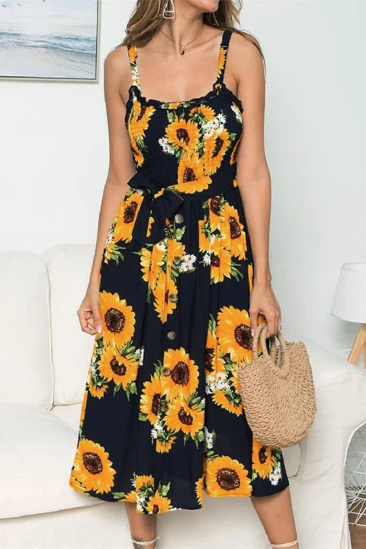 Strapless Women Dress with a Built - in Bra for Comfort and SupportSunflower Sleeveless Dress - Stretchy Strapless Women Dress with a Built - in Bra for Comfort and SupportSunflower Sleeveless Dress - Stretchy