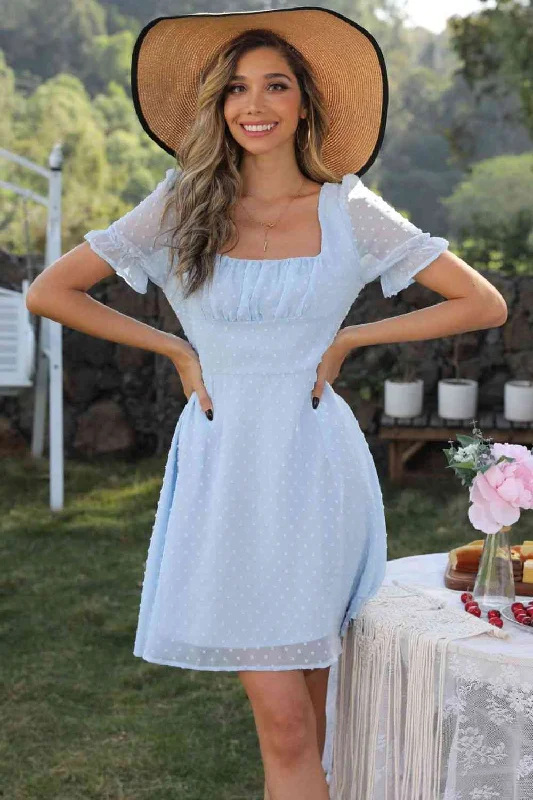 Backless Women Dress for a Sexy and Alluring Look at Evening EventsSquare Neck Swiss Dot Flounce Sleeve Dress Backless Women Dress for a Sexy and Alluring Look at Evening EventsSquare Neck Swiss Dot Flounce Sleeve Dress