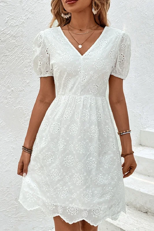 Wrap - Style Women Dress with Adjustable Fit for All Body TypesChic eyelet mini dress with tie Wrap - Style Women Dress with Adjustable Fit for All Body TypesChic eyelet mini dress with tie