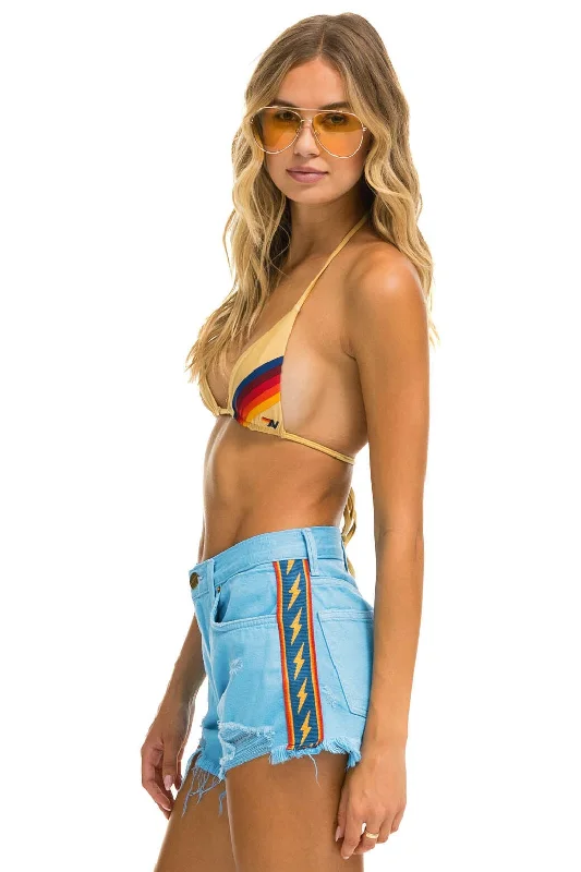 Linen Women Shorts for Breathable Comfort in Hot WeatherBOLT STRIPE BOYFRIEND CUTOFF JEAN SHORTS - SKY Linen Women Shorts for Breathable Comfort in Hot WeatherBOLT STRIPE BOYFRIEND CUTOFF JEAN SHORTS - SKY