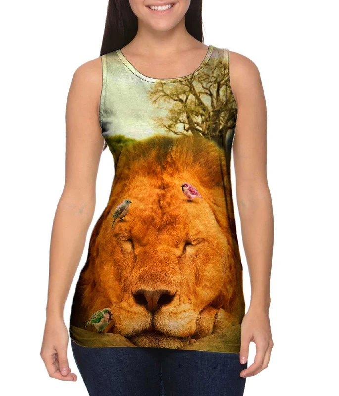 Plus Size Women's Glitter - Trimmed Tank Tops for Party NightsSleeping Lion And Birds Plus Size Women's Glitter - Trimmed Tank Tops for Party NightsSleeping Lion And Birds