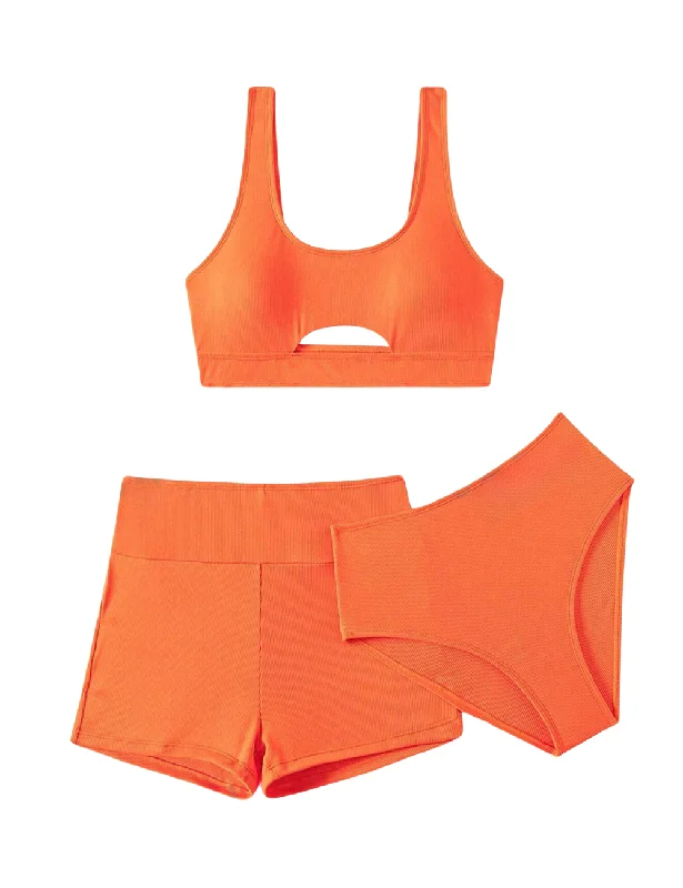 String bikini for a minimalistic and sexy beach style3 Pack Basic Orange Ribbed Bikini & Shorts Set String bikini for a minimalistic and sexy beach style3 Pack Basic Orange Ribbed Bikini & Shorts Set