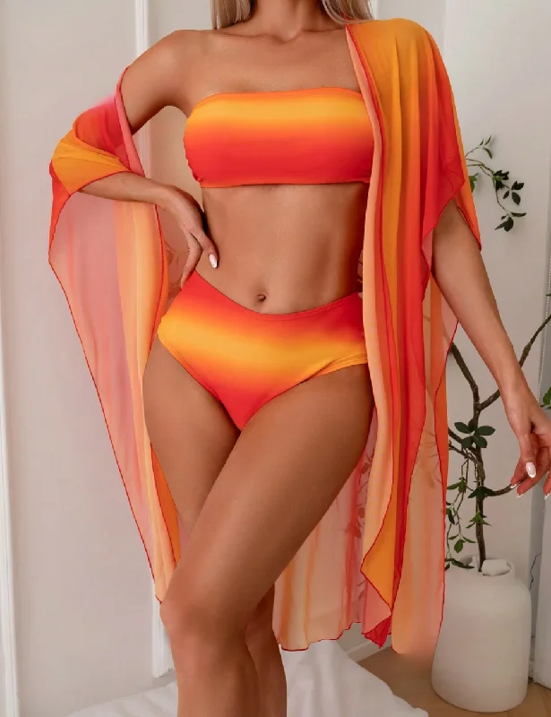 Floral - printed bikini for a feminine and colorful beach vibe3 Pack Sunset Ombre Bandeau Bikini & Kimono Floral - printed bikini for a feminine and colorful beach vibe3 Pack Sunset Ombre Bandeau Bikini & Kimono