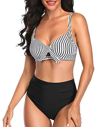 Push - up bikini top to enhance the bust for a confident beach appearanceRuched Tummy Control Women Two Piece High Waisted Bikini Set-Black And White Stripe Push - up bikini top to enhance the bust for a confident beach appearanceRuched Tummy Control Women Two Piece High Waisted Bikini Set-Black And White Stripe