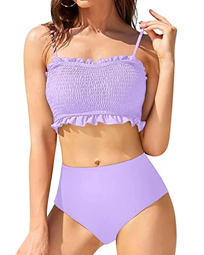 String bikini for a minimalistic and sexy beach styleTummy Control High Cut Bikini Bottom And Ruffled Bikini-Light Purple String bikini for a minimalistic and sexy beach styleTummy Control High Cut Bikini Bottom And Ruffled Bikini-Light Purple