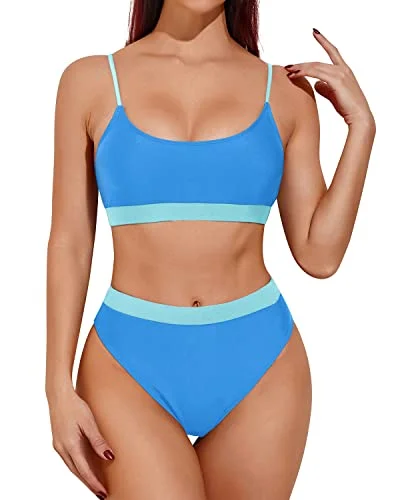 Lace - trimmed bikini for an elegant and romantic touchTummy Control & Slimming High Waisted Bikini Sporty Scoop Neck Swimsuits-Light Blue And Light Green Lace - trimmed bikini for an elegant and romantic touchTummy Control & Slimming High Waisted Bikini Sporty Scoop Neck Swimsuits-Light Blue And Light Green