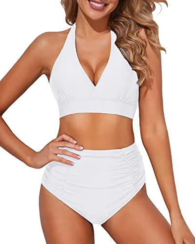 Floral - printed bikini for a feminine and colorful beach vibeHigh Waisted Bikini Bottoms Ruching Women's Bikini Swimsuits-White Floral - printed bikini for a feminine and colorful beach vibeHigh Waisted Bikini Bottoms Ruching Women's Bikini Swimsuits-White