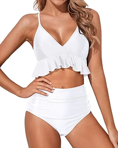 Monokini - style bikini with a unique one - piece - meets - bikini designWomen's Feminine Flounce Hemline Bikini-White Monokini - style bikini with a unique one - piece - meets - bikini designWomen's Feminine Flounce Hemline Bikini-White