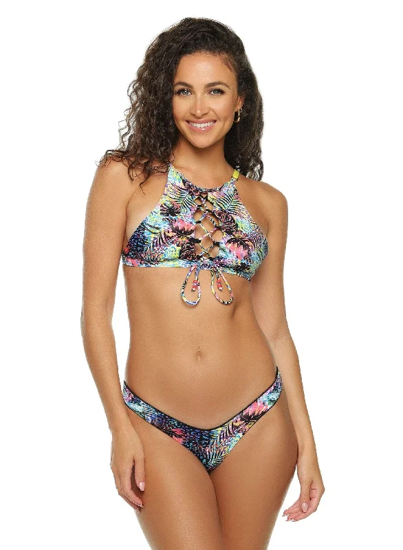 High - performance bikini with quick - drying fabric for active swimmersValentina Laced Front Halter Bikini Top - Leaf It Up To The Sun Abstract Print High - performance bikini with quick - drying fabric for active swimmersValentina Laced Front Halter Bikini Top - Leaf It Up To The Sun Abstract Print