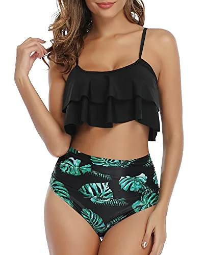 Lace - trimmed bikini for an elegant and romantic touchTwo Piece Double Tiered Ruffle Flounce Crop Top Bikini Set-Black Leaf Lace - trimmed bikini for an elegant and romantic touchTwo Piece Double Tiered Ruffle Flounce Crop Top Bikini Set-Black Leaf