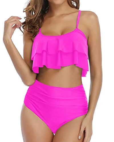 UV - protection bikini for safe sun exposure during beach daysFigure Flattering Ruched High Waisted Bikini Set-Neon Pink UV - protection bikini for safe sun exposure during beach daysFigure Flattering Ruched High Waisted Bikini Set-Neon Pink