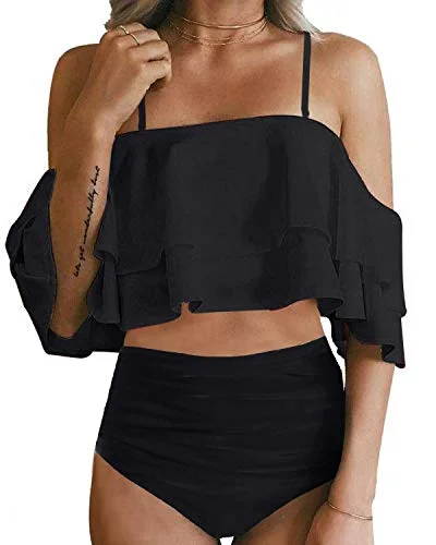 High - performance bikini with quick - drying fabric for active swimmersHigh Waisted Flounce Bikini Set For Women Hollow Out Bottoms-Black High - performance bikini with quick - drying fabric for active swimmersHigh Waisted Flounce Bikini Set For Women Hollow Out Bottoms-Black