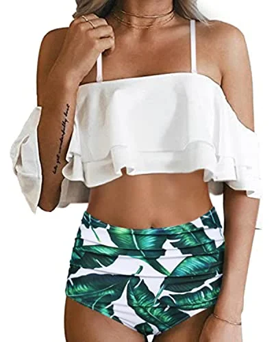 Monokini - style bikini with a unique one - piece - meets - bikini designFashionable Off Shoulder Tummy Control Bikini Set-White Leaf Monokini - style bikini with a unique one - piece - meets - bikini designFashionable Off Shoulder Tummy Control Bikini Set-White Leaf