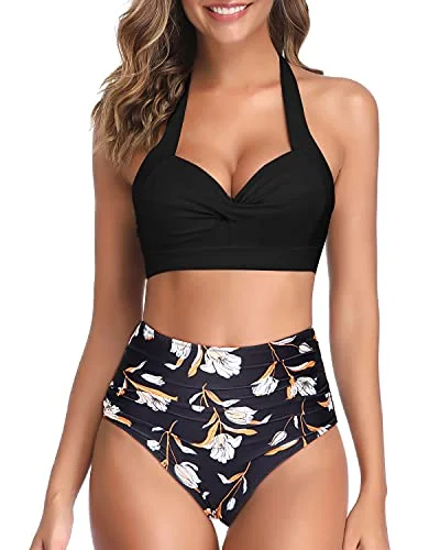 Lace - trimmed bikini for an elegant and romantic touchHalter Neck High Waist Bikini Push Up Bra For Women-Black Floral Lace - trimmed bikini for an elegant and romantic touchHalter Neck High Waist Bikini Push Up Bra For Women-Black Floral