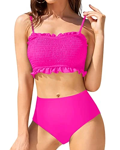 Lace - trimmed bikini for an elegant and romantic touchStrapless Shirred Swim Top Smocked 2 Piece Swimsuit-Neon Pink Lace - trimmed bikini for an elegant and romantic touchStrapless Shirred Swim Top Smocked 2 Piece Swimsuit-Neon Pink
