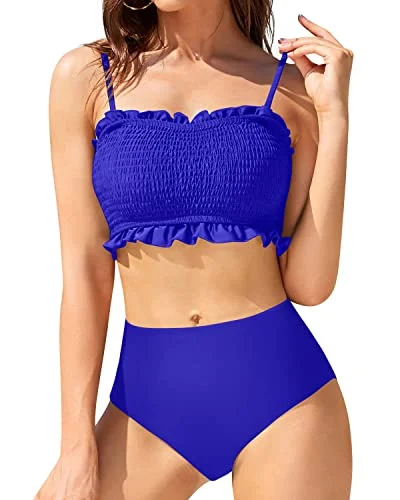 Ruched bikini with fabric gathers for a slimming effectWomen's Bandeau Two Piece Smocked Ruffled Bikini-Royal Blue Ruched bikini with fabric gathers for a slimming effectWomen's Bandeau Two Piece Smocked Ruffled Bikini-Royal Blue